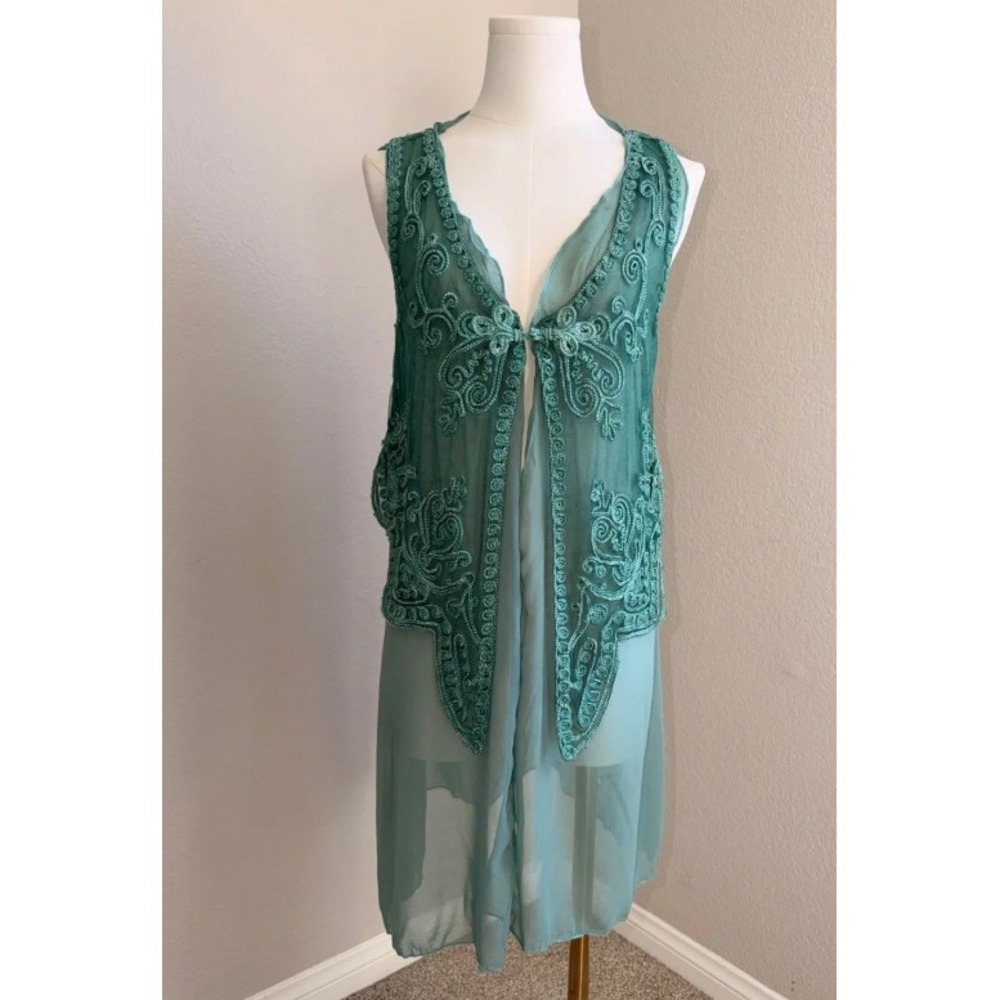 Pretty Angel Embroidered Sheer Vest Women Small Teal Green Boho Layering - Picture 2 of 4